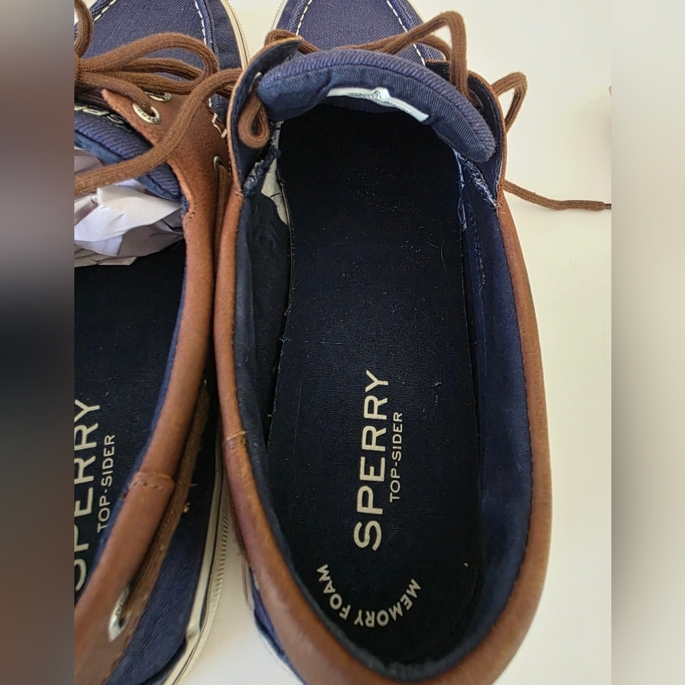 Sperry Halyard 2 Eye Boat Shoes Navy Denim Leather Trim MN 13 Wide Preppy Casual - Picture 11 of 12